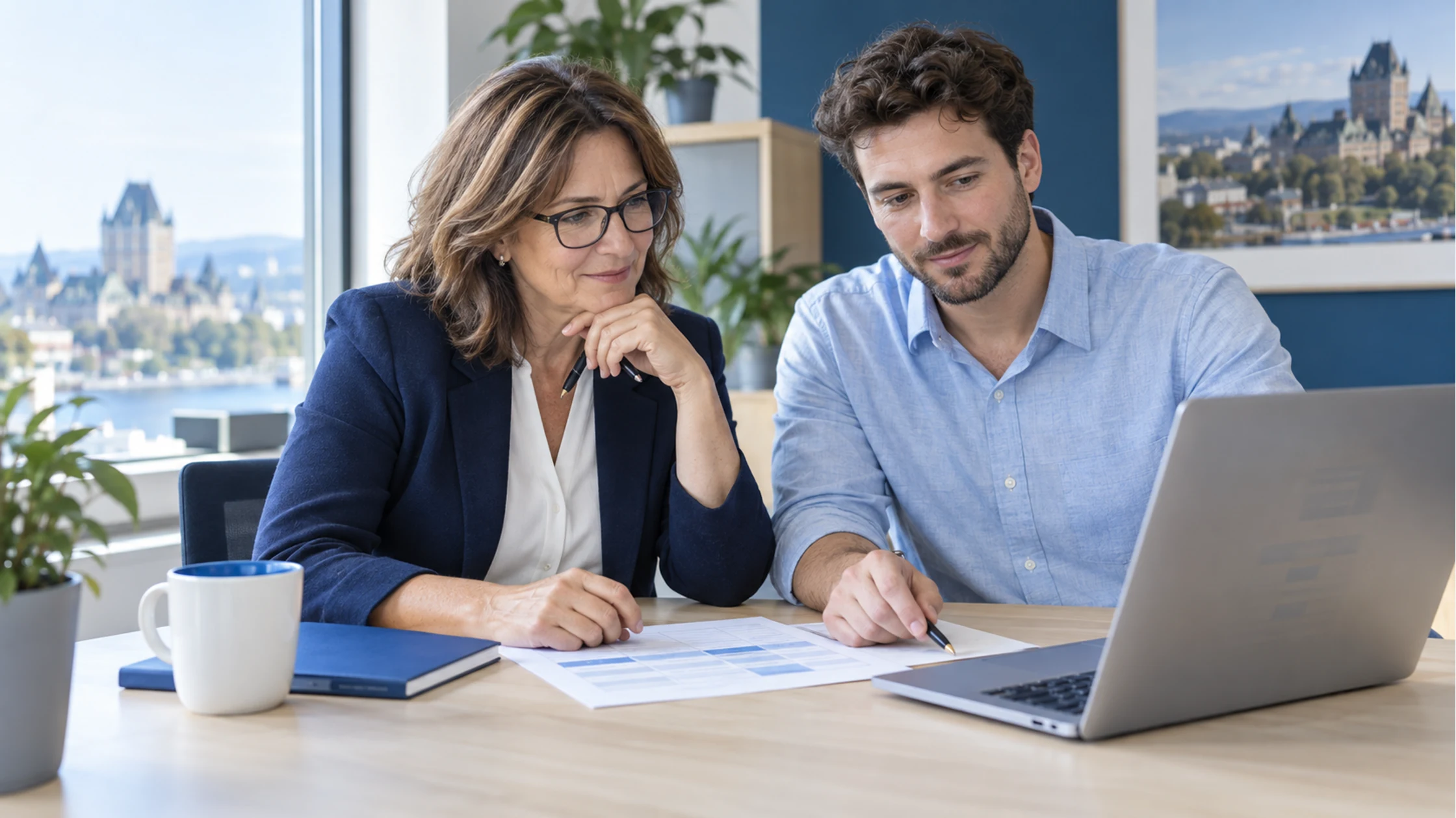 Deux collègues comparent une grille de critères et un ordinateur portable pour choisir un outil de gestion.