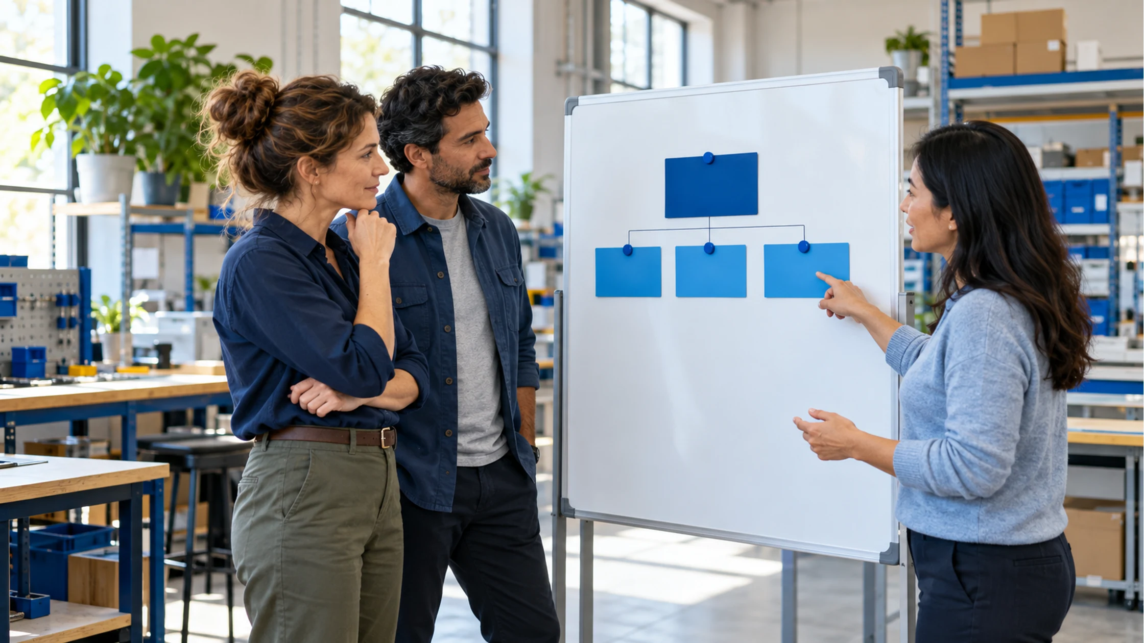 Three colleagues discuss priorities represented by blue cards on a planning board in a workshop.