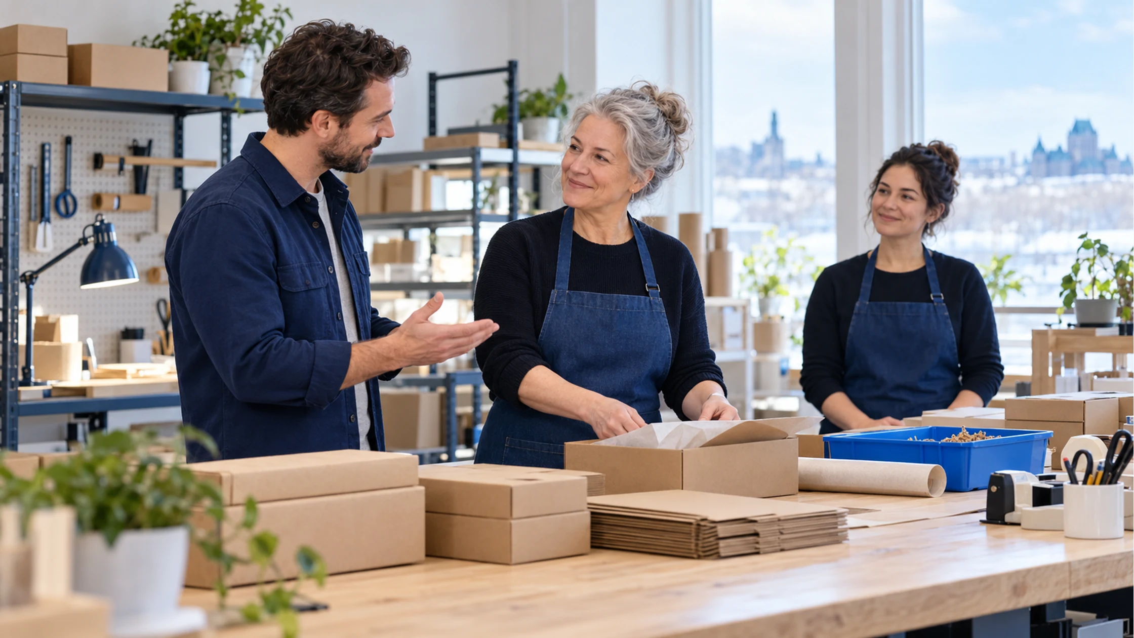 A manager thanks a colleague at an order-packing station while another employee stands nearby.