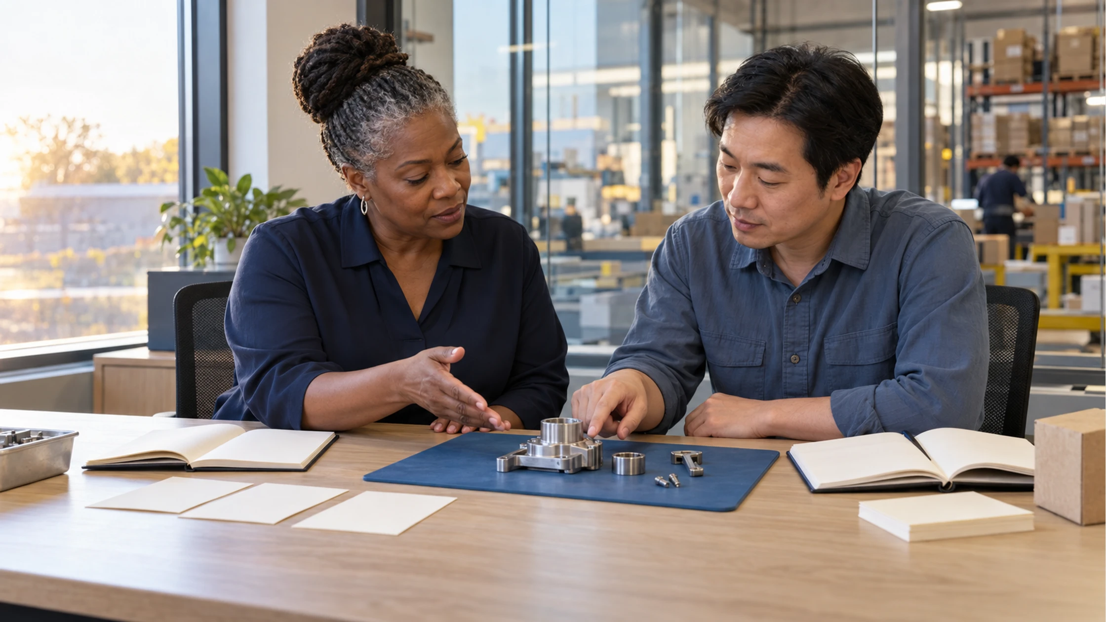 Clarifying a work expectation and practising with support A manager and a colleague examine a metal component and blank cards together in a quiet office beside a workshop.