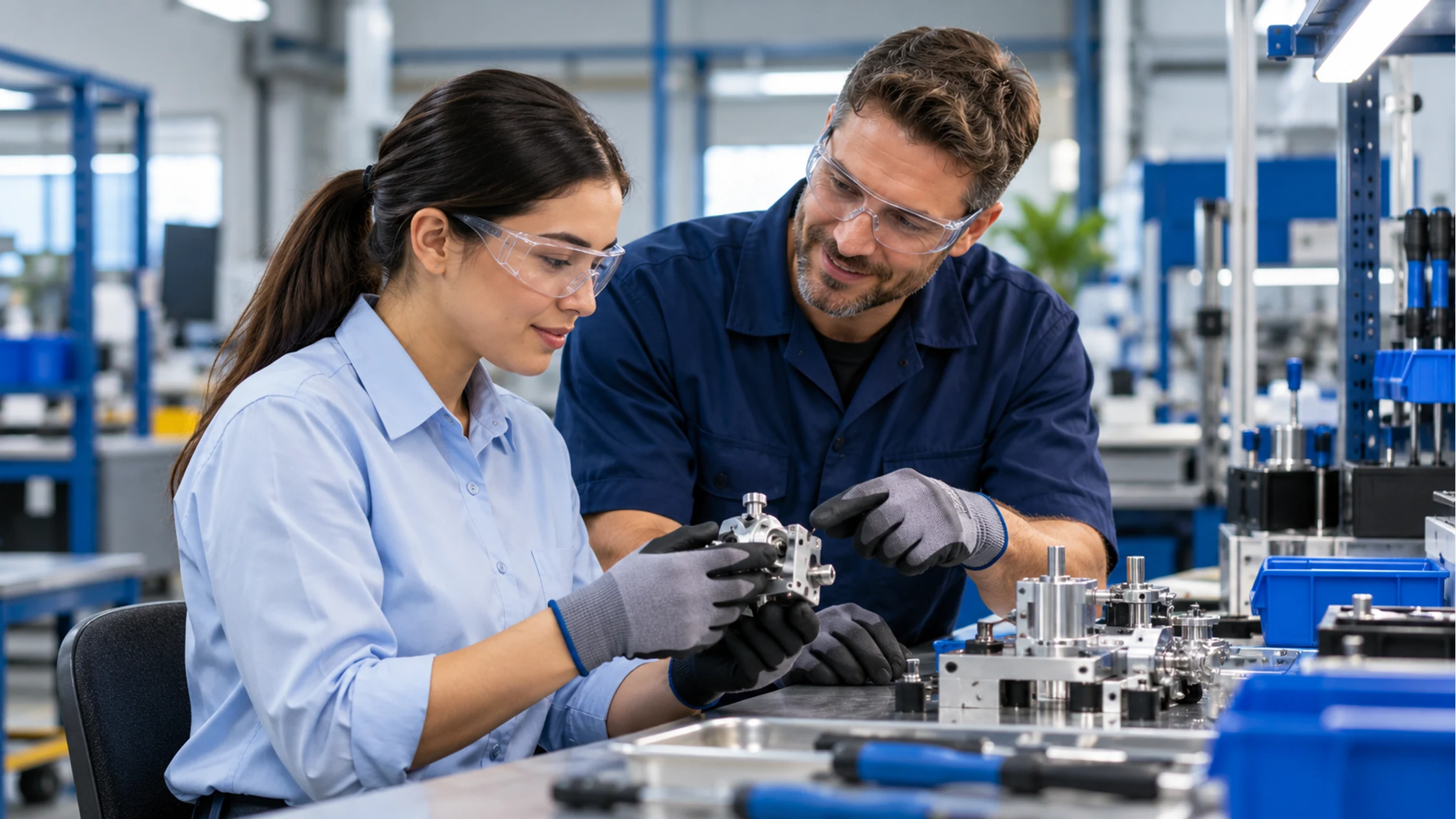 Apprendre avec un accompagnement concret Une nouvelle collègue et un employé expérimenté examinent une pièce dans un atelier, avec des lunettes de protection.