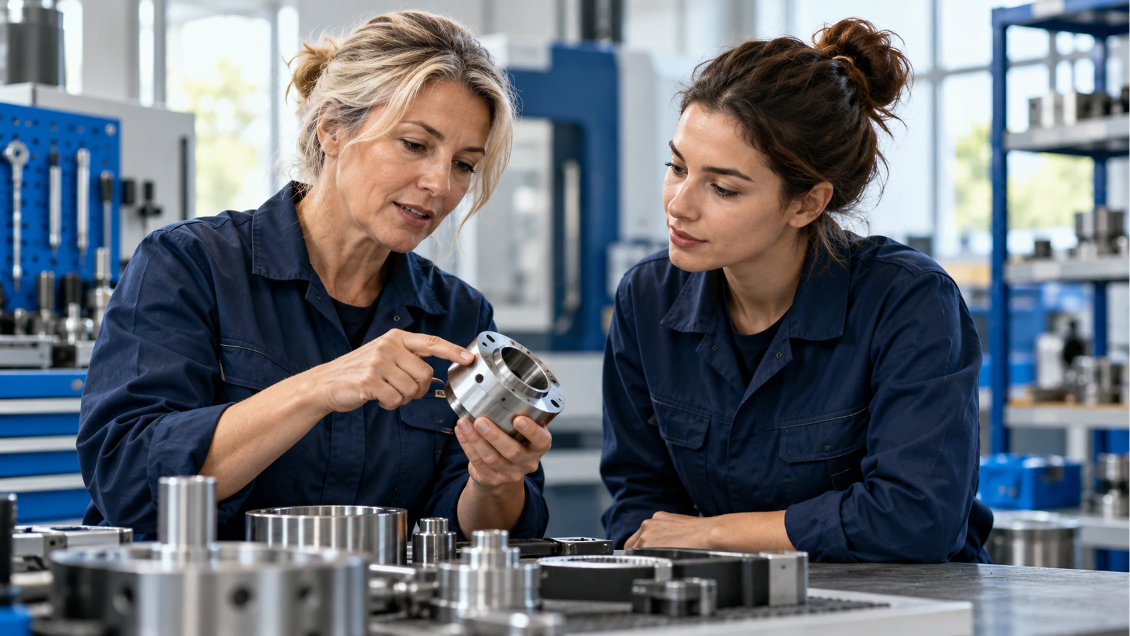 Transmettre les connaissances et préparer la relève Une technicienne expérimentée explique une pièce à une collègue dans un atelier.