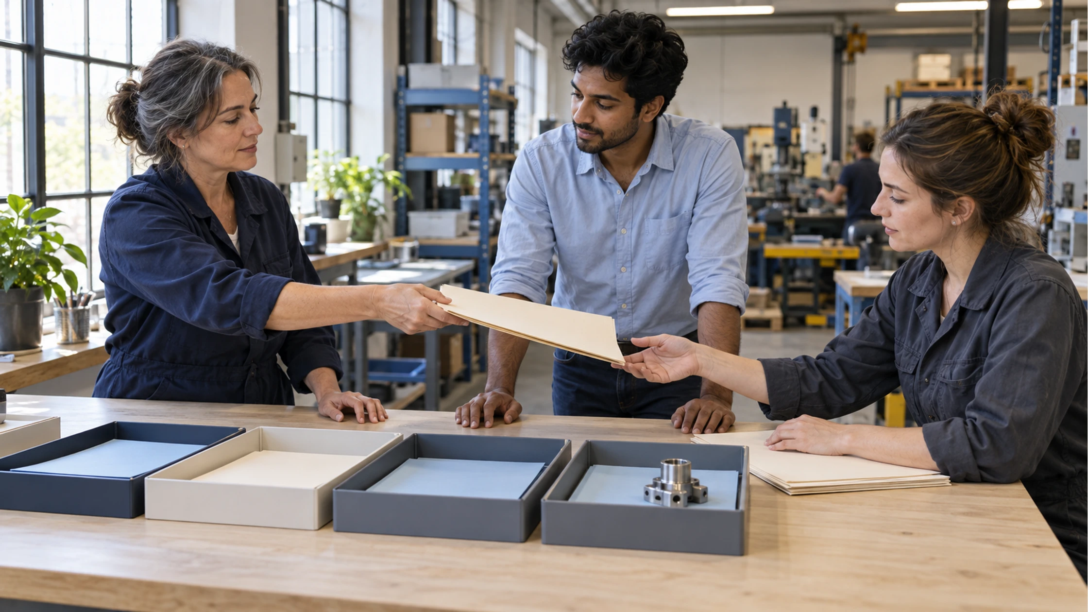 Making responsibilities clear at every handoff Three colleagues pass an unmarked folder around an order-planning table beside a small manufacturing workshop.