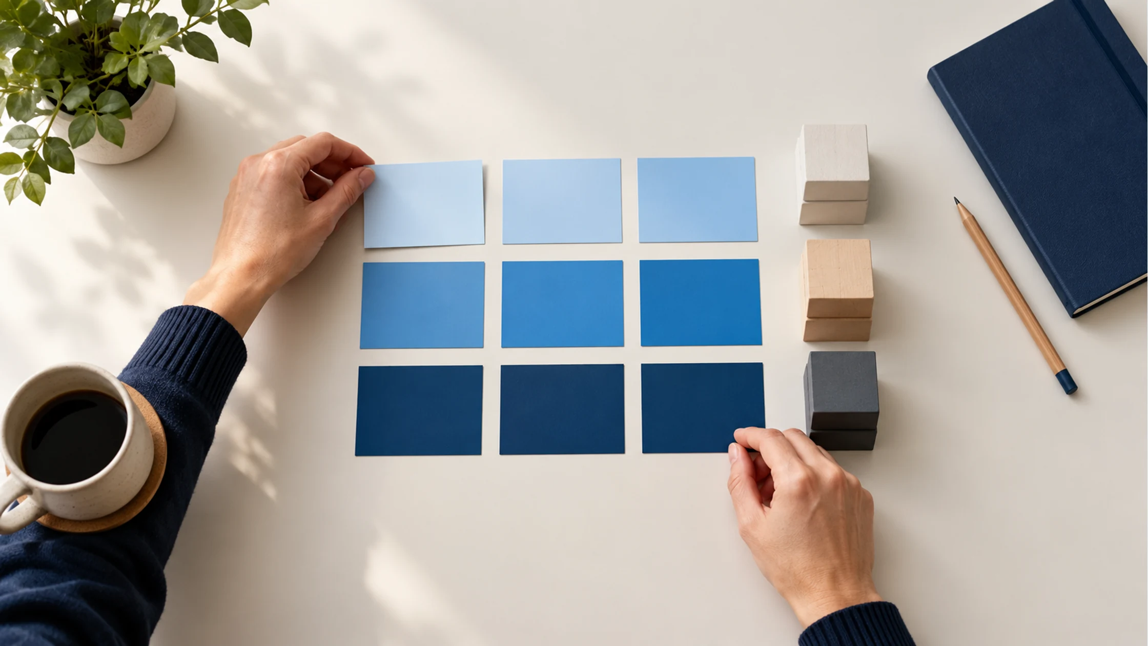 Organiser des repères de rémunération cohérents Deux mains organisent des cartes bleues et des piles de blocs sur un bureau clair.