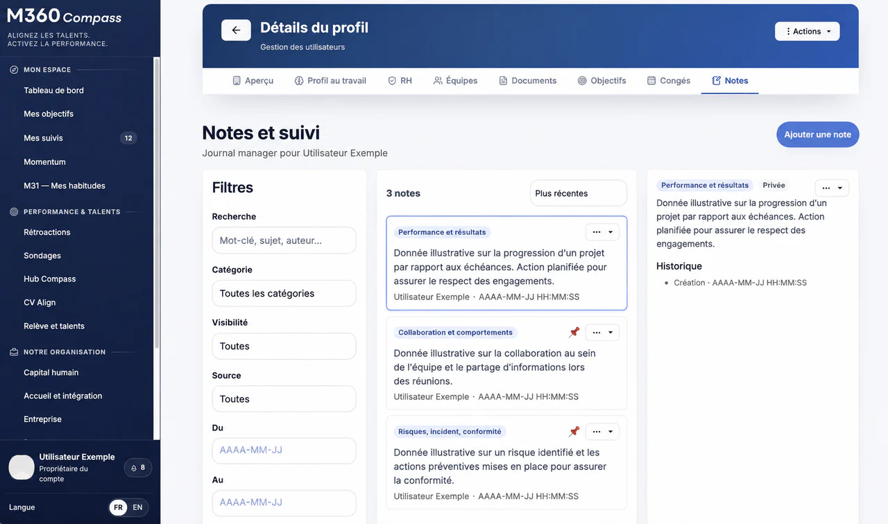 Capture du module Opérations RH de M360 Compass